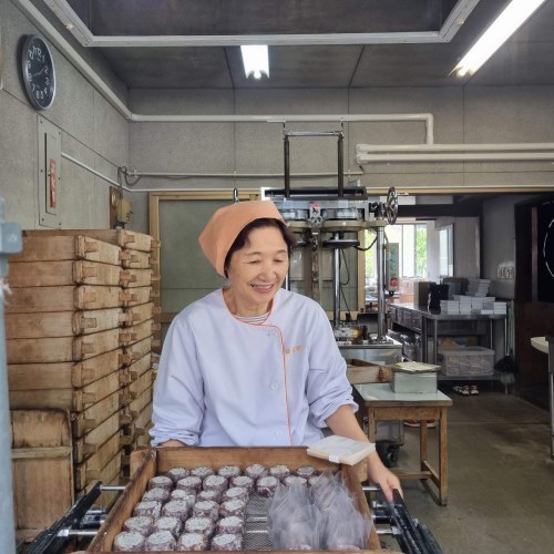 Omanju shop lady at Yamadera in Yamagata